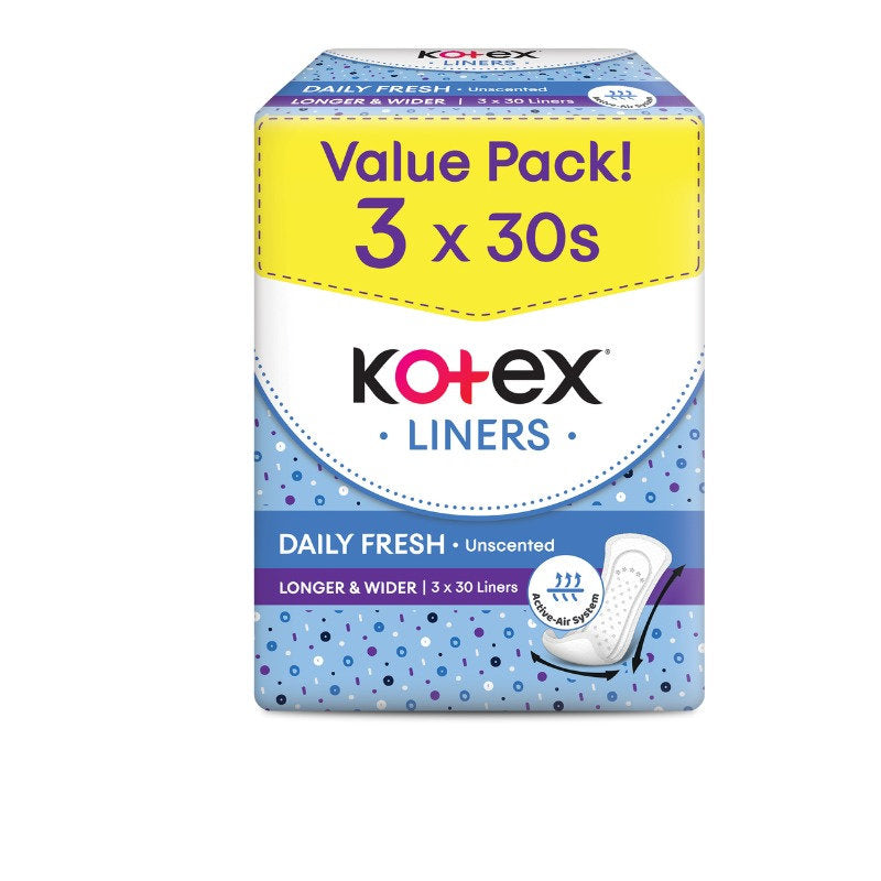 KOTEX FRESH PANTYLINER LONGER & WIDER UNSCENTED 17.5CM 30SX3