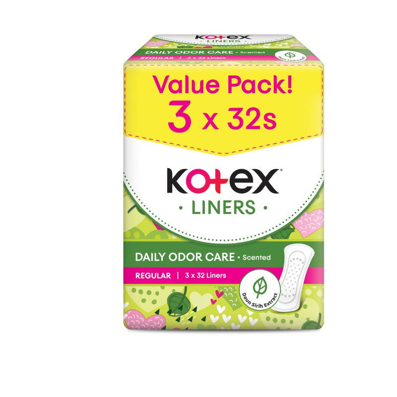 KOTEX PANTYLINER DAILY ODOR CARE REGULAR SCENTED DAUN SIRIH 15CM 32SX3