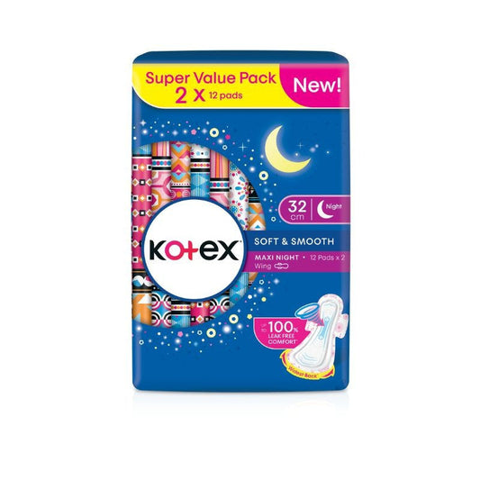 KOTEX SOFT & SMOOTH MAXI NIGHT 5 IN 1 PROTECTION 32CM WING 12SX2
