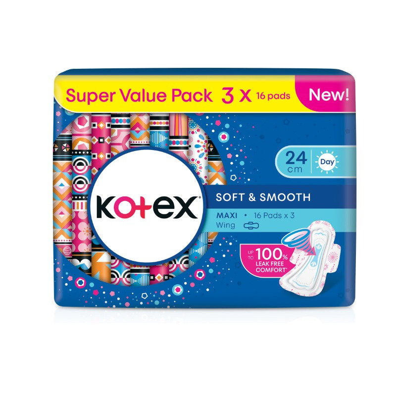 KOTEX SOFT & SMOOTH MAXI DAY 5 IN 1 PROTECTION 24CM WING 16SX3