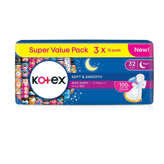KOTEX SOFT & SMOOTH MAXI NIGHT 5 IN 1 PROTECTION 32CM WING 12SX3