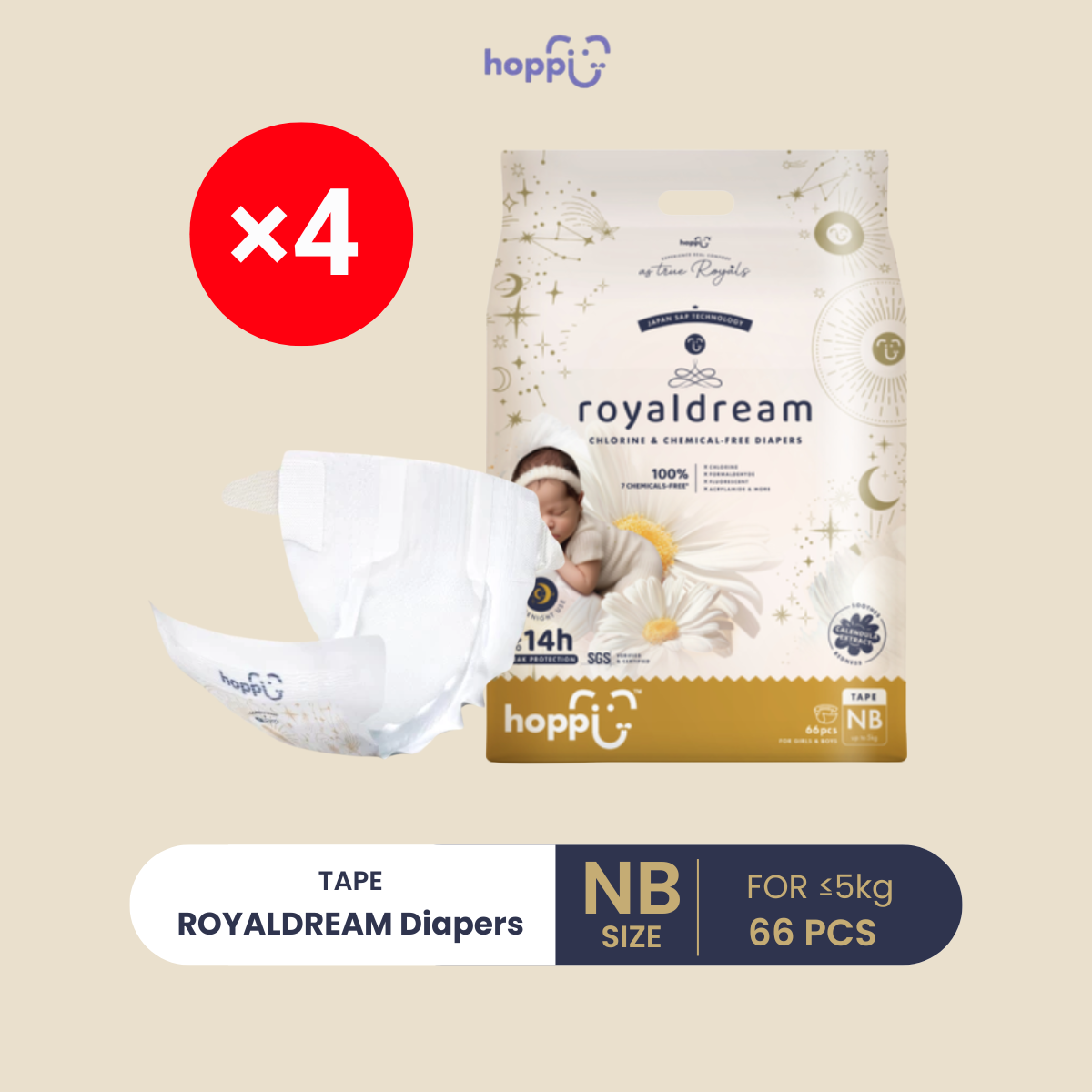 HOPPI ROYAL DREAM TAPE DIAPERS NB 66S X4