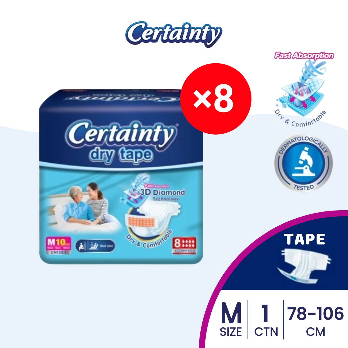 Certainty Disposable Adult Diapers Tape M 10S x8