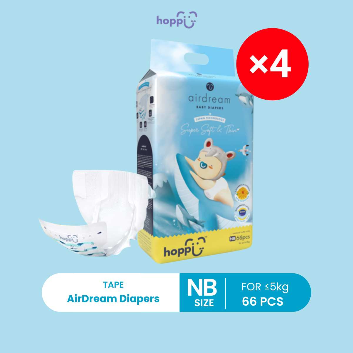 HOPPI NB DIAPERS 66S X 4