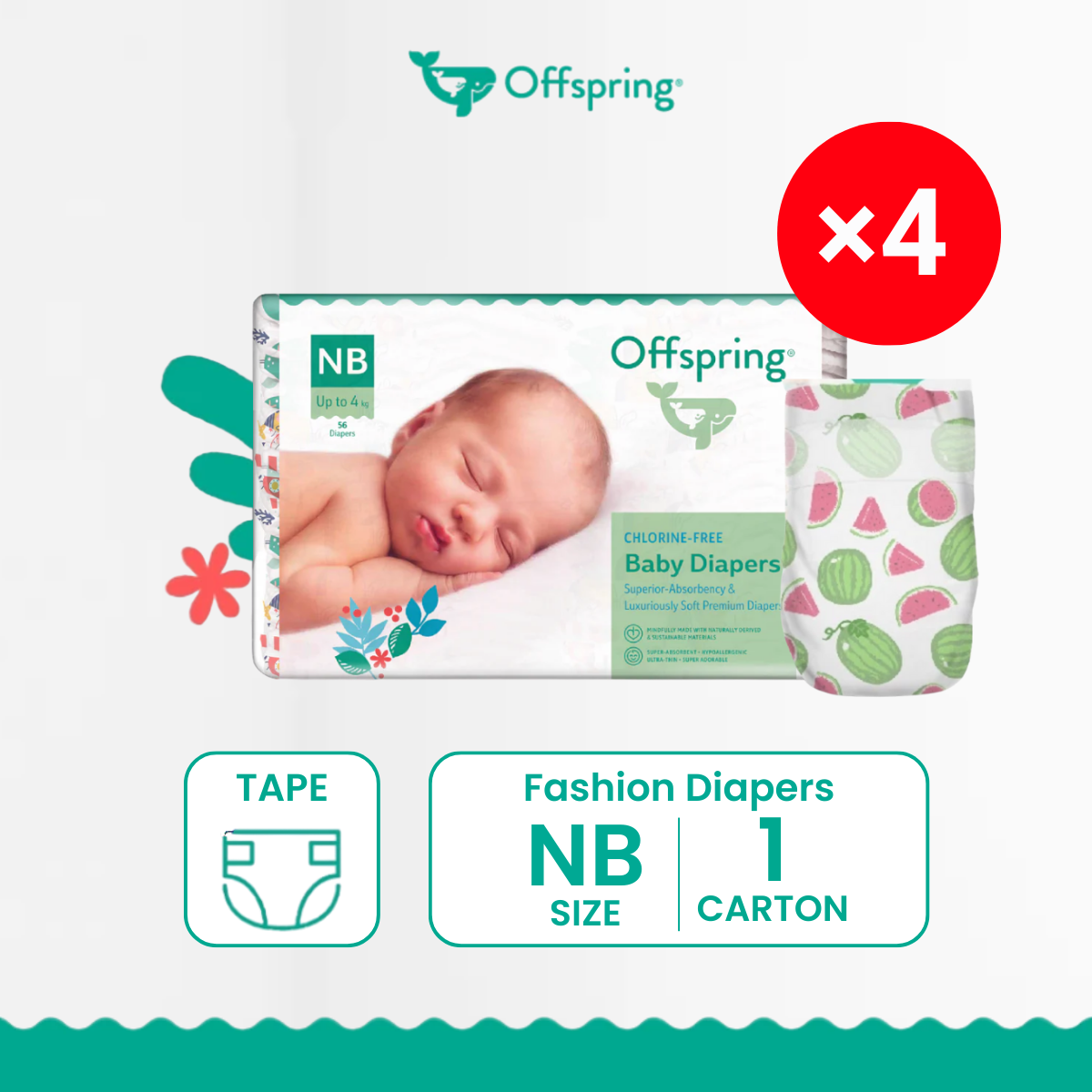 OFFSPRING FASHION TAPE DIAPERS NEW BORN 56S x4