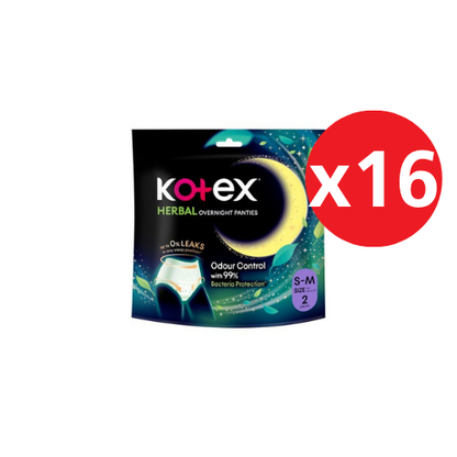 KOTEX OVERNIGHT PANTIES HERBAL S/M 2S × 16