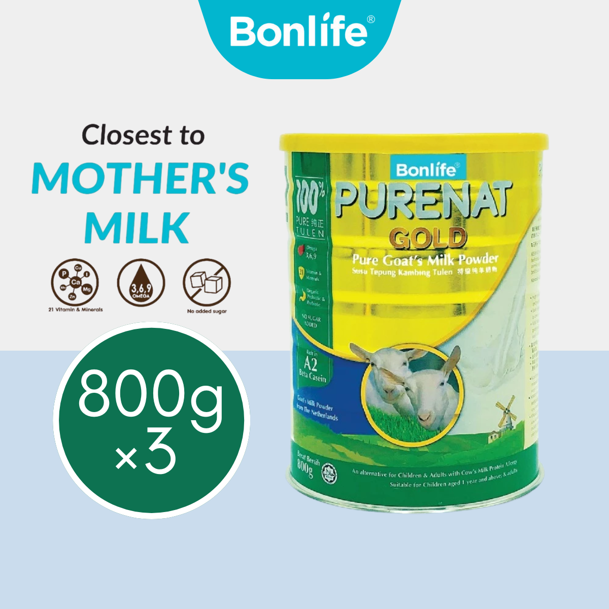 BONLIFE Purenat Gold Goat Milk Powder 800g x 3