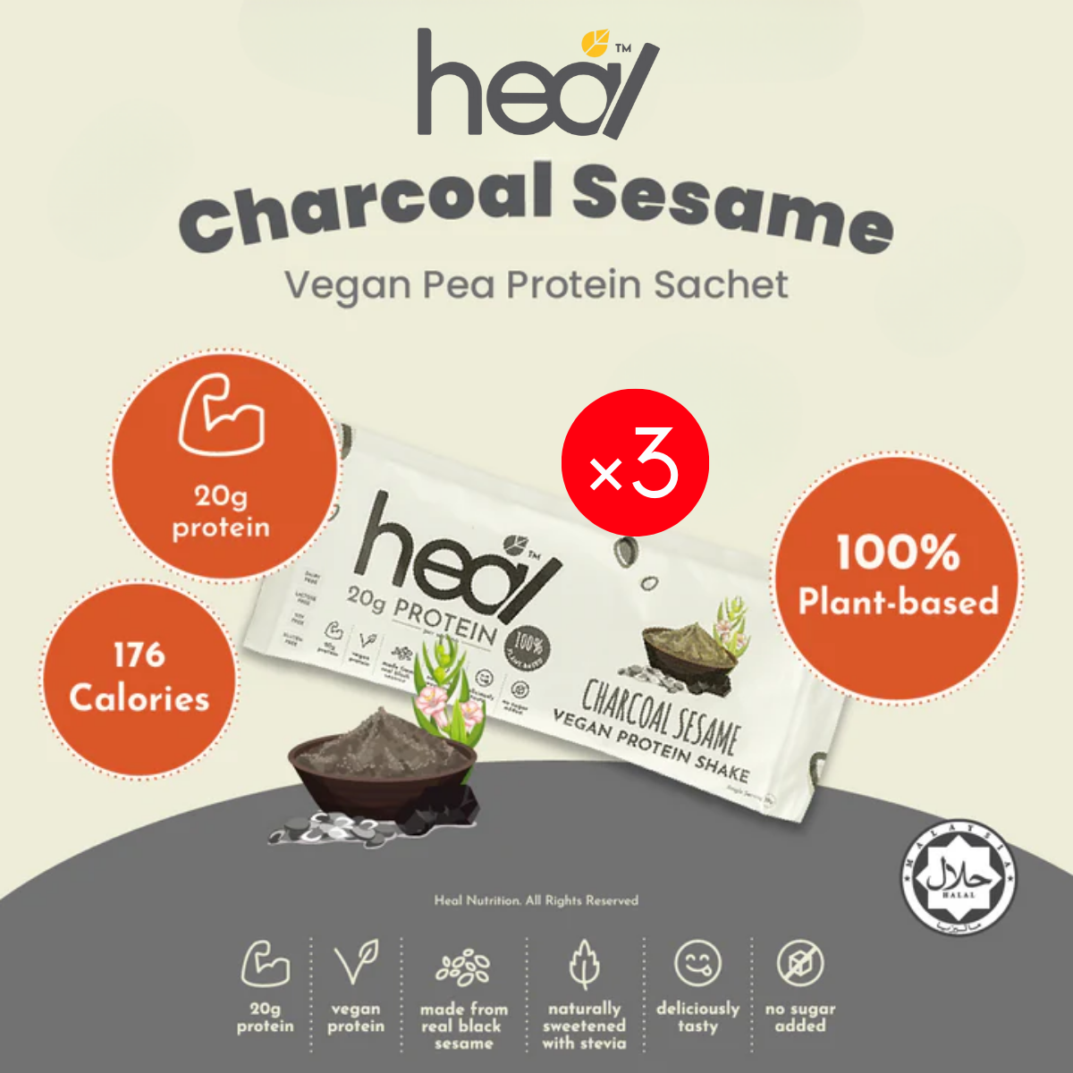 HEAL CHARCOAL SESAME VEGAN PROTEIN 39G x 3