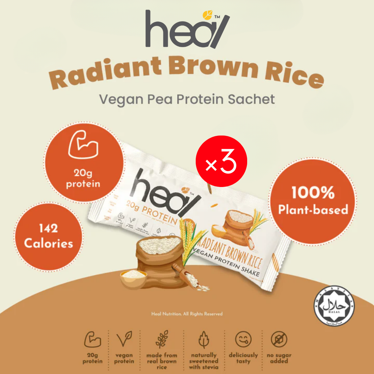 HEAL RADIANT BRN RICE VEGAN PROTEIN 36G x 3
