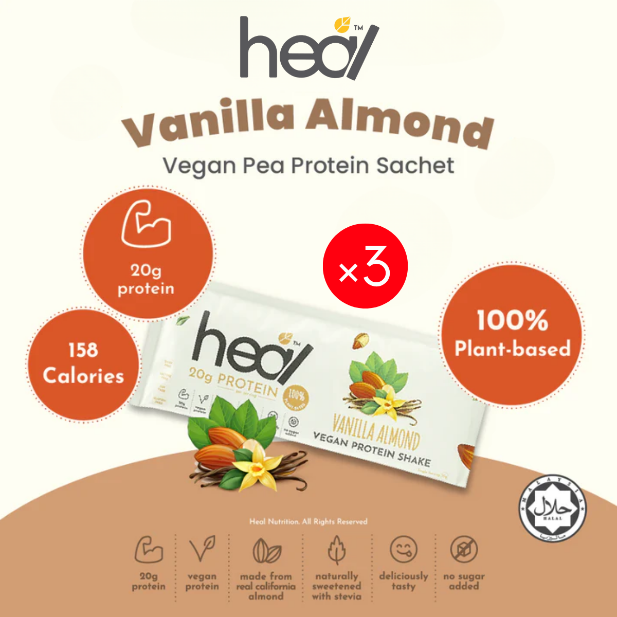 HEAL VANILLA ALMOND VEGAN PROTEIN 35G x 3