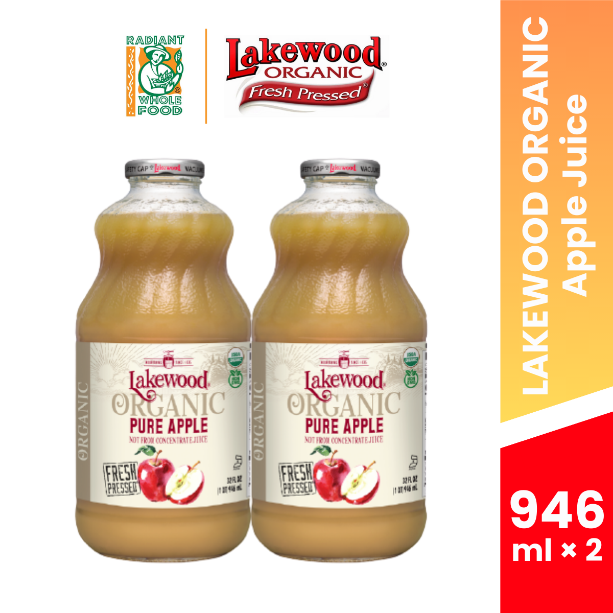 LAKEWOOD ORG APPL JUICE 946ML × 2