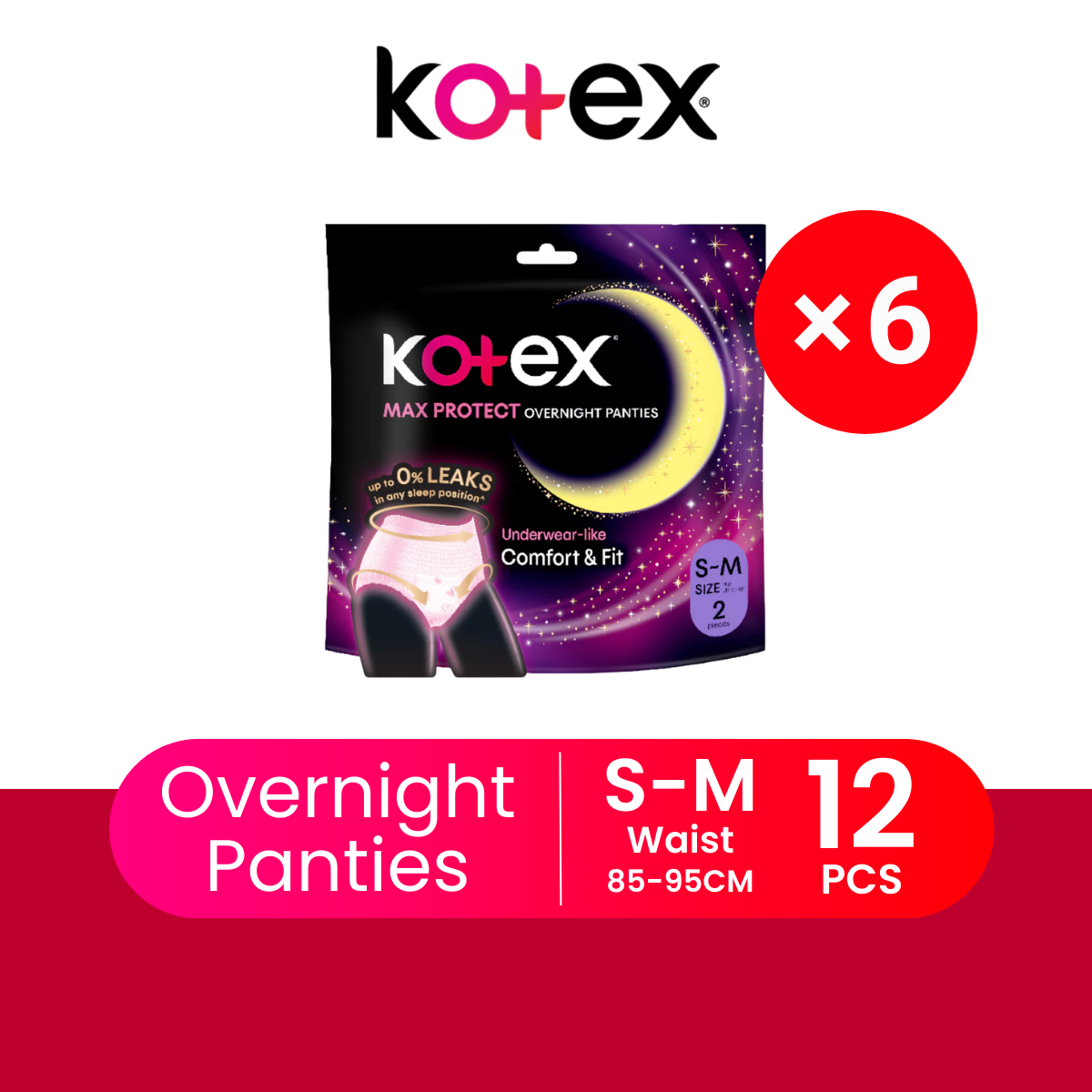 KOTEX OVERNIGHT PANTIES S/M 2S × 6
