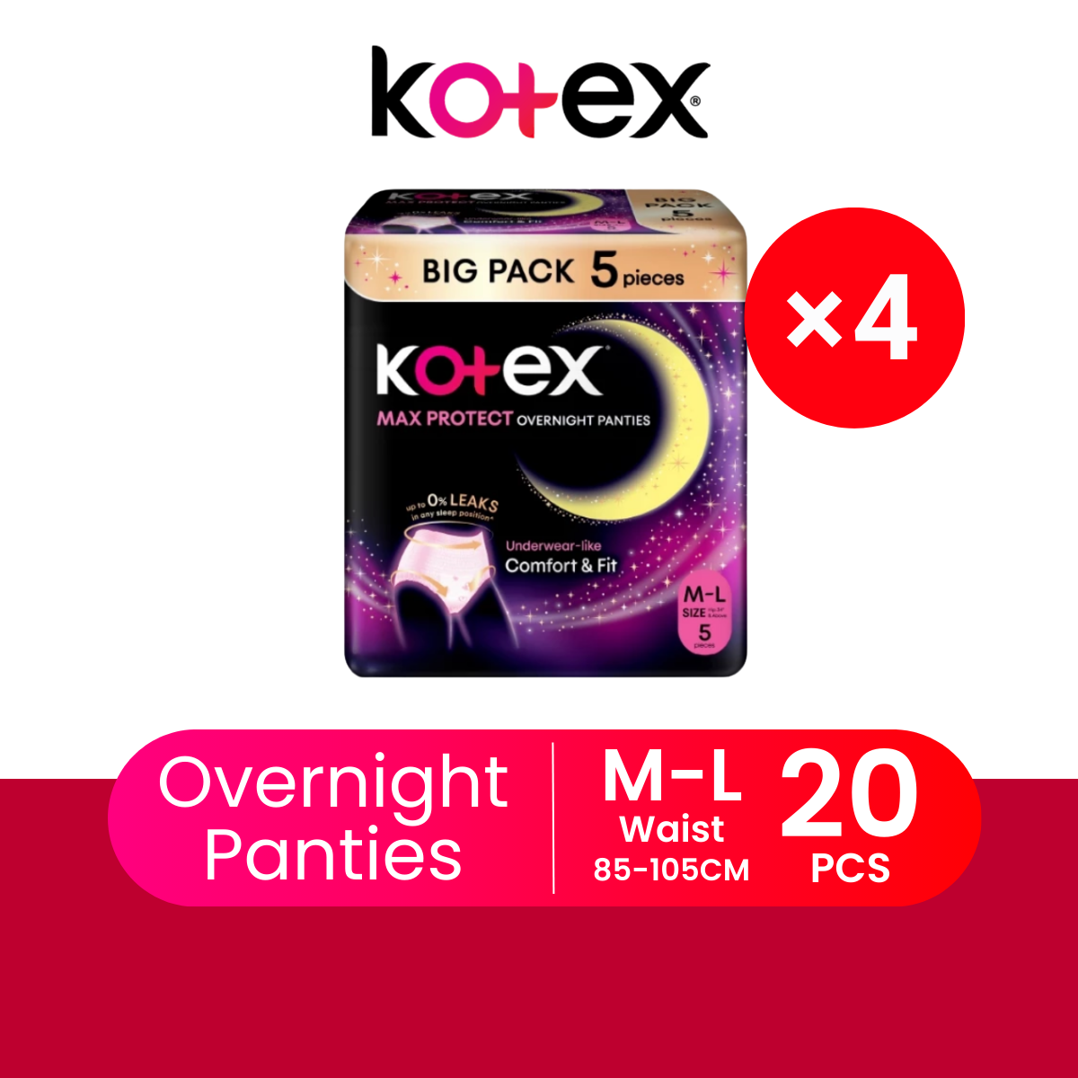 KOTEX OVERNIGHT PANTIES M/L BIG PACK 5S × 4