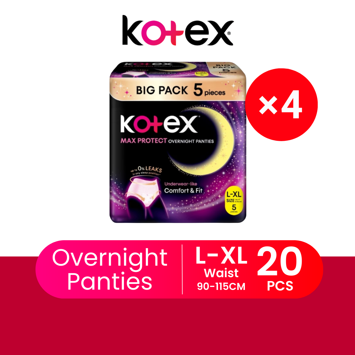 KOTEX OVERNIGHT PANTIES L/XL BIG PACK 5S × 4