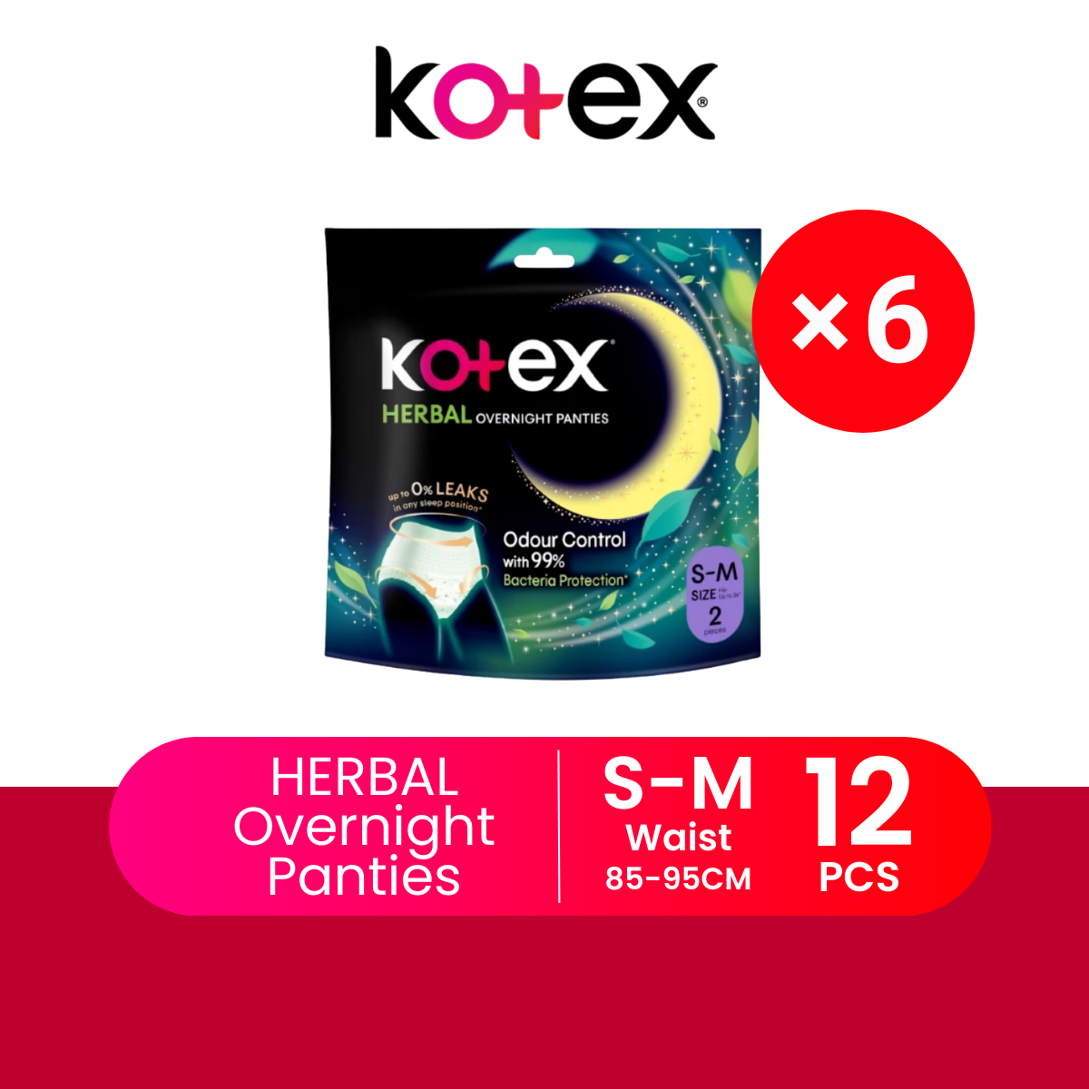 KOTEX OVERNIGHT PANTIES HERBAL S/M 2S × 6