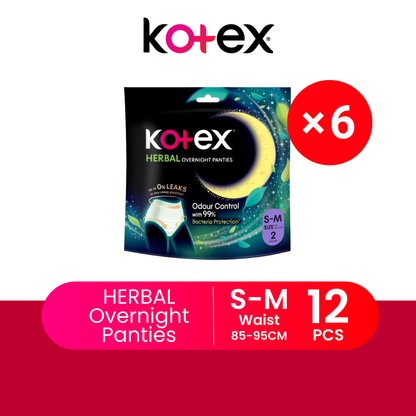 KOTEX OVERNIGHT PANTIES HERBAL S/M 2S × 6