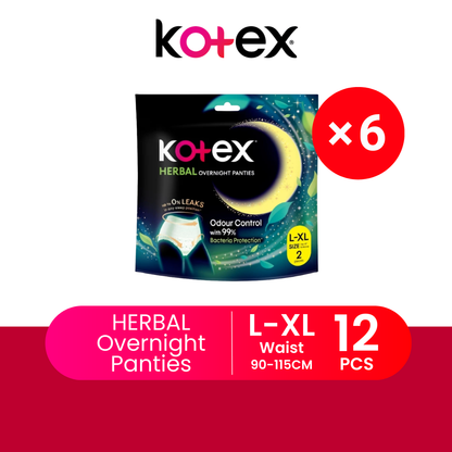 KOTEX OVERNIGHT PANTIES HERBAL L/XL 2S × 6
