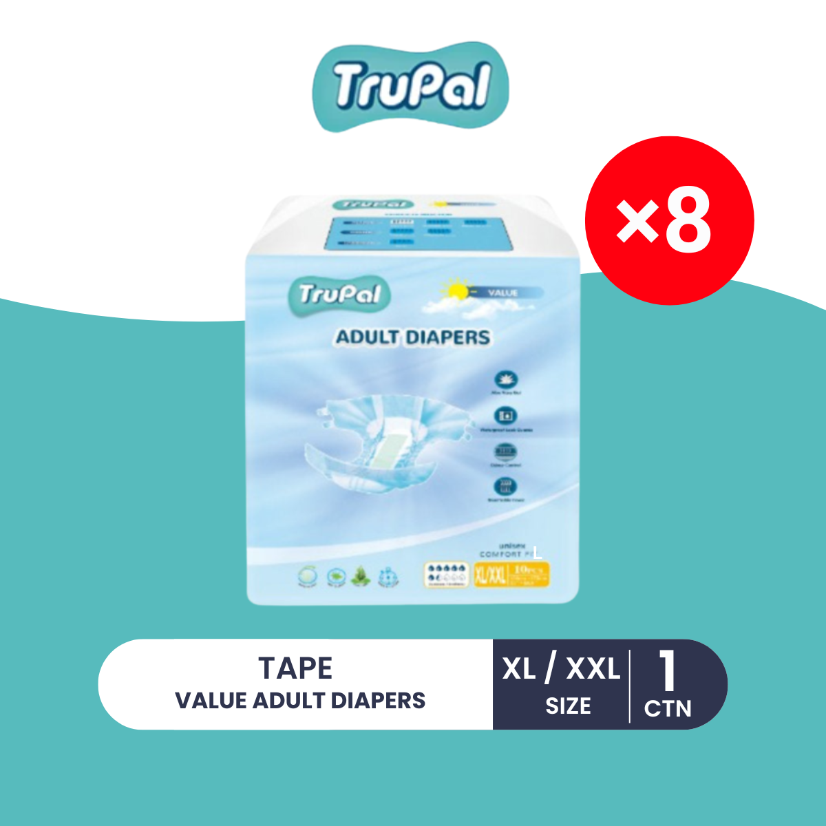 TRUPAL ADULT DIAPERS VALUE XL/XXL 10S  × 8