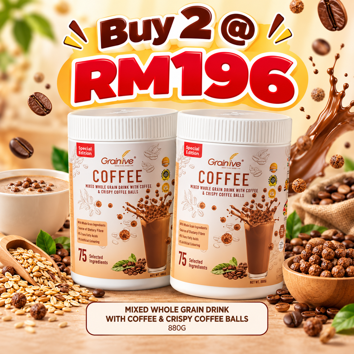 MIXED WHOLE GRAIN DRINK WITH COFFEE & CRISPY COFFEE BALLS 880G x2