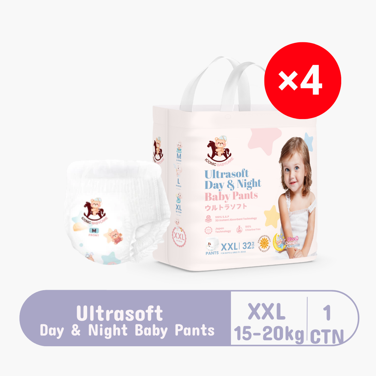 ICONIC BABYCARE ULTRASOFT DAY & NIGHT BABY PANTS XXL 32S × 4
