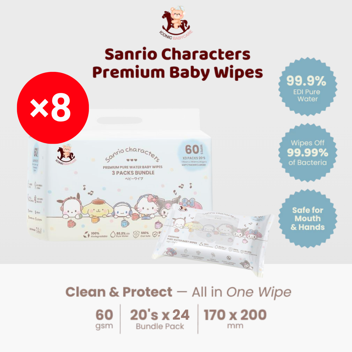 ICONIC X SANRIO BABY WIPES SANRIO CHARACTER 20S X 8