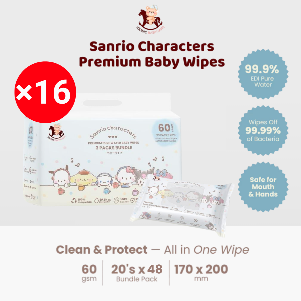 ICONIC X SANRIO BABY WIPES SANRIO CHARACTER 80S X 4