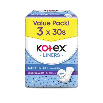 KOTEX FRESH PANTYLINER LONGER & WIDER UNSCENTED 17.5CM 30SX3
