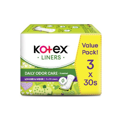 KOTEX PANTYLINER DAILY ODOR CARE LONGER & WIDER SCENTED DAUN SIRIH 17.5CM 30SX3
