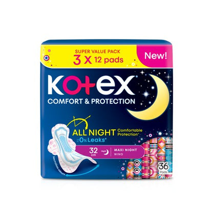 KOTEX SOFT & SMOOTH MAXI NIGHT 5 IN 1 PROTECTION 32CM WING 12SX3