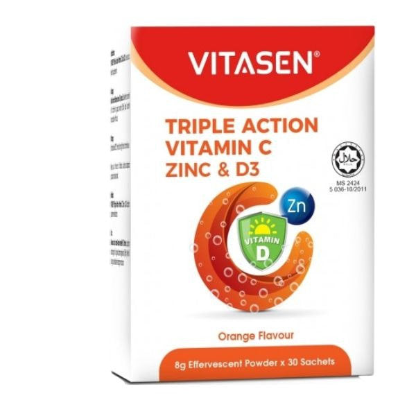 VITASEN TRIPLE ACTION VITAMIN C ZINC & D3 EFFERVESCENT POWDER ORANGE 30S