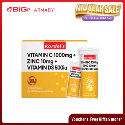 KORDELS  VIT C 1000MG+ZINC10MG+VIT D3 500IU EFFERVESCENT ORANGE 30S