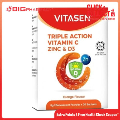 VITASEN TRIPLE ACTION VITAMIN C ZINC & D3 EFFERVESCENT POWDER ORANGE 30S
