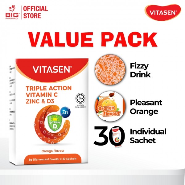 Vitasen Triple Action Vitamin C Zinc & D3 Effervescent Powder (Orange Flavour) 8g x30s