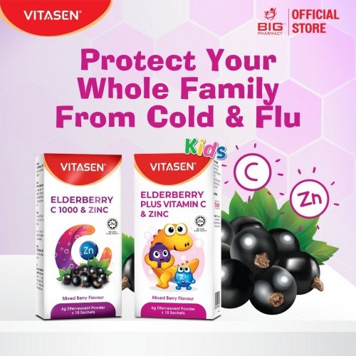 Vitasen Elderberry Plus Vitamin C & Zinc Effervescent Powder (Mixed Berry Flavour) 6G X 10S